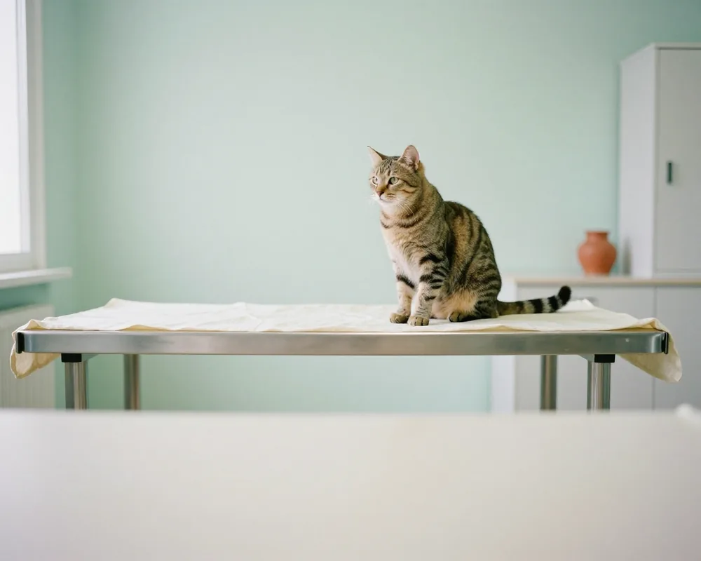 Katze sitzt aufmerksam auf dem Untersuchungstisch einer Tierarztpraxis